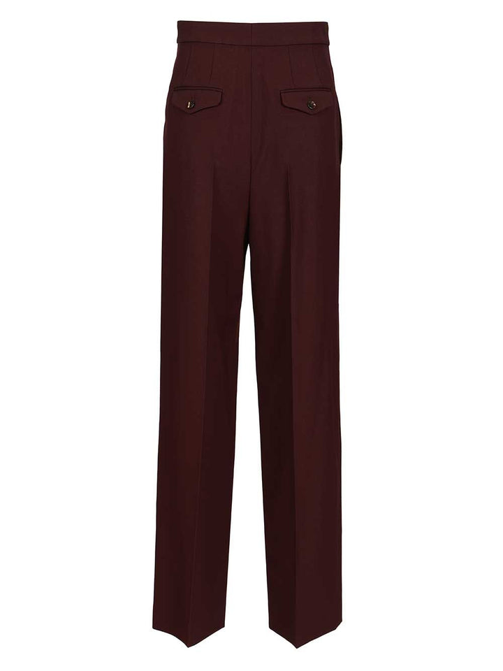 Chloe' High-Waisted Ruffled Wool Gabardine Trousers - Bordeaux | 0ca0337878800c62adf8a29333666d5eb754a4e4