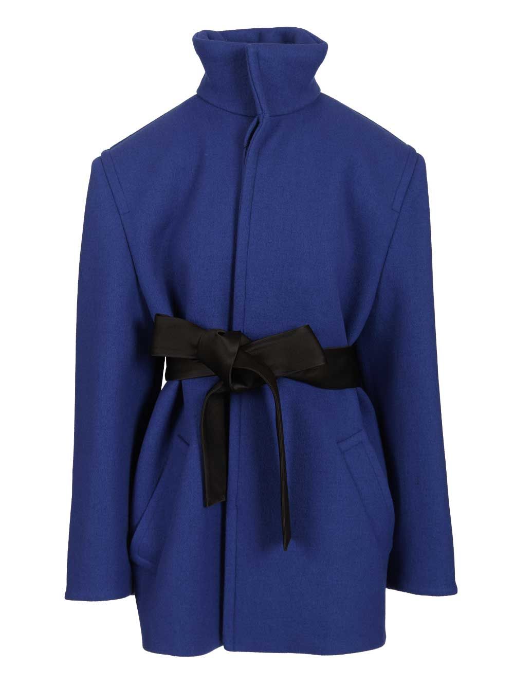 Saint Laurent Short Coat With Belt Coats - Blue | 47faa65dec6d766388335872f9b00ef09f7ff58a