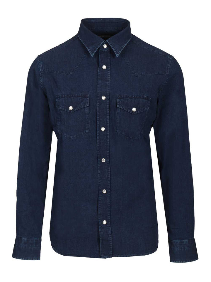 Tom Ford Denim Light Poplin Slim Fit Western Shirt Shirts - Blue | 57d0a5d1a1ca3987a341cf7889ed74cf6bdc52eb