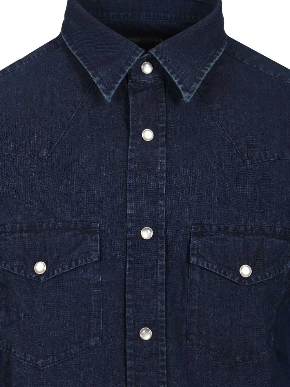 Tom Ford Denim Light Poplin Slim Fit Western Shirt Shirts - Blue | dad6d6585fb0a9fbb508d3bb1244efb90bcb623c