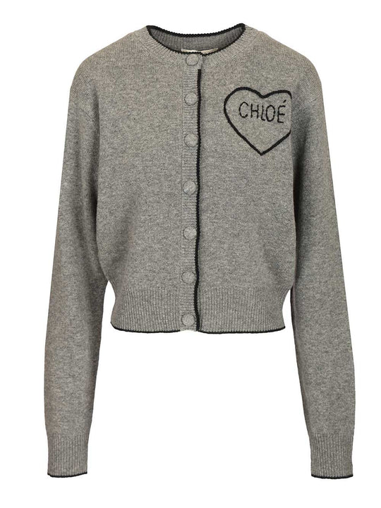 Crewnack Cardigan With Heart Embroidery Knitwear Grey