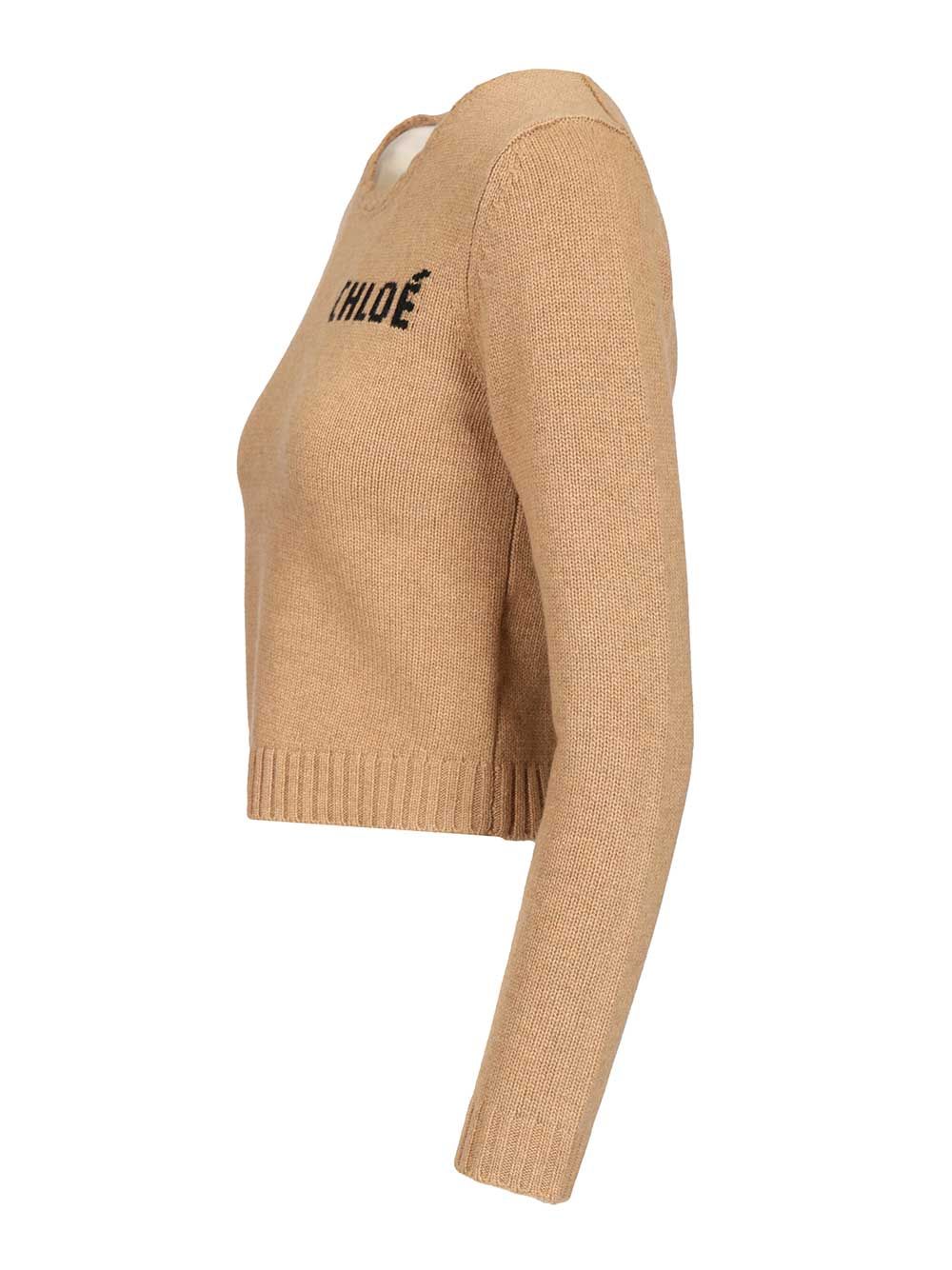 Chloe' Crewneck Sweatwer With Logo Knitwear - Beige | c5e1150965a74299c583404e867a1613b334e23c