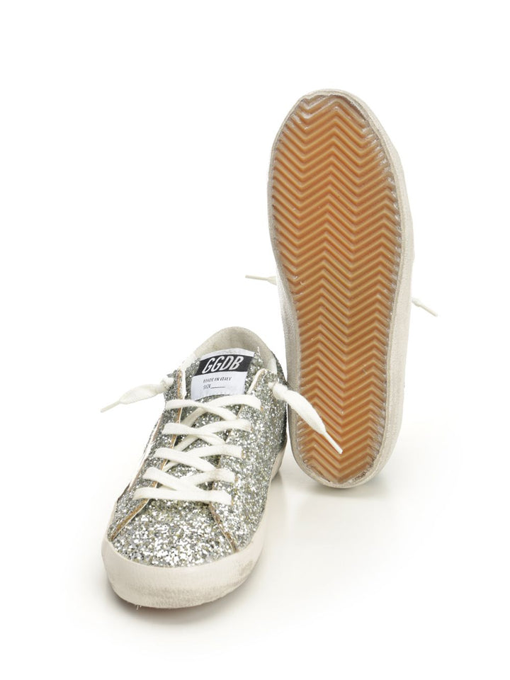 Golden Goose Deluxe Brand Super Star Glitter Upper Toe Tongue And Heel Laminated Star Sneakers - Silver | 7a4be3e1be903177853e52406ca8f2d285ed60c6
