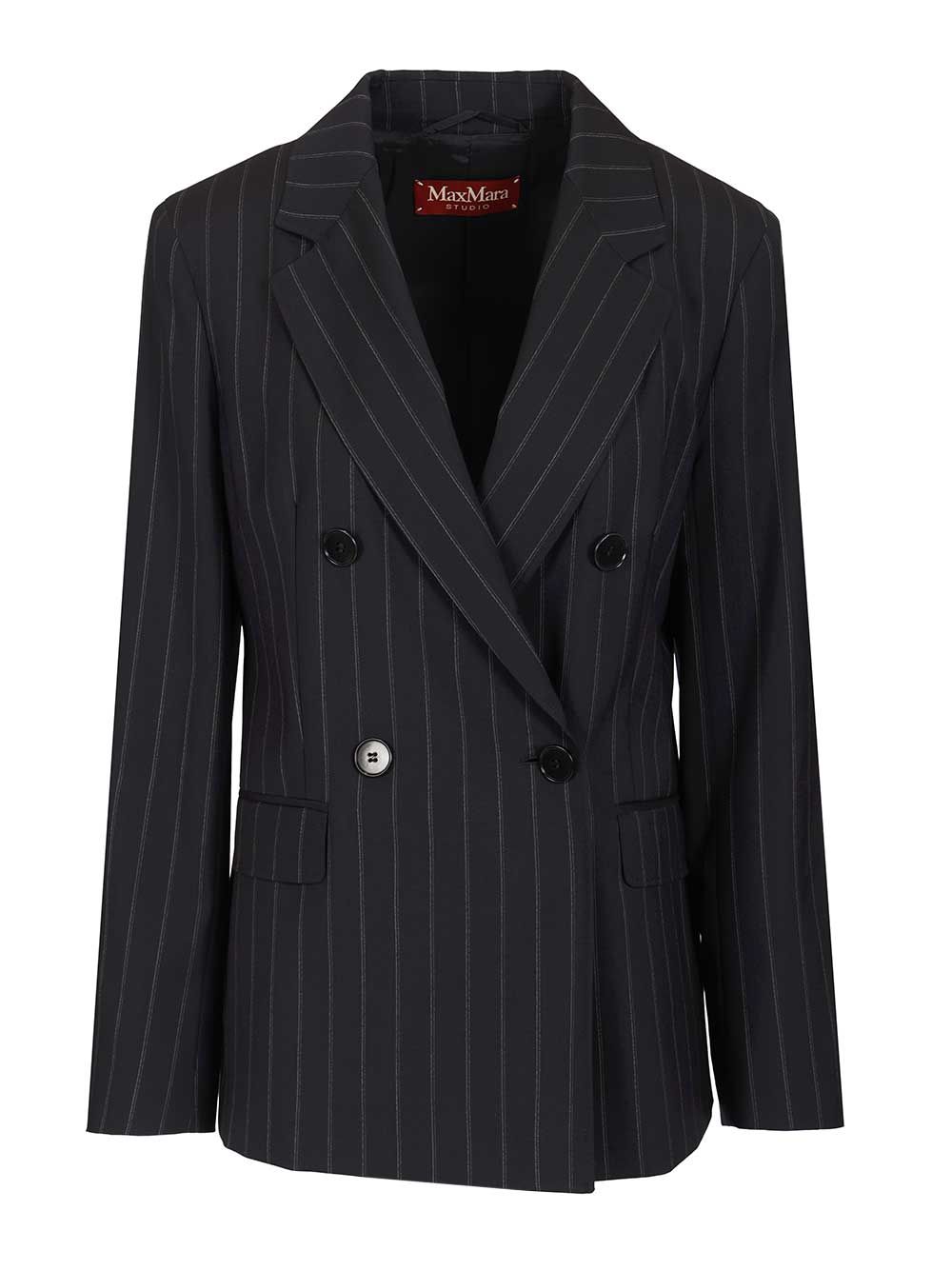 Max Mara Studio Double-Breasted Blazer In Pinstriped Wool Jackets - Blue | 98038f6052766fbaacc53e3b50887887f640c93a