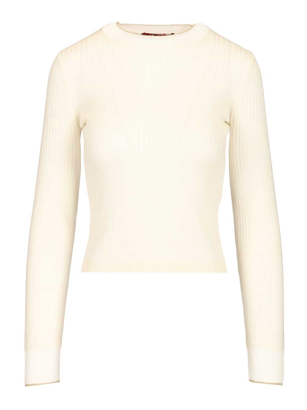 Max Mara Studio Mstepoche Wool-Silk Knit Ribbed Ls Crewneck Knitwear - White | 5a0980fcbc53c80ea02ead01d93c31c7c8a34ba3