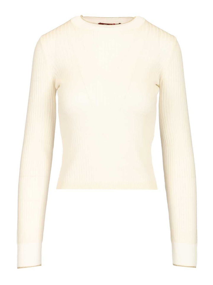 Max Mara Studio Mstepoche Wool-Silk Knit Ribbed Ls Crewneck Knitwear - White | 5a0980fcbc53c80ea02ead01d93c31c7c8a34ba3
