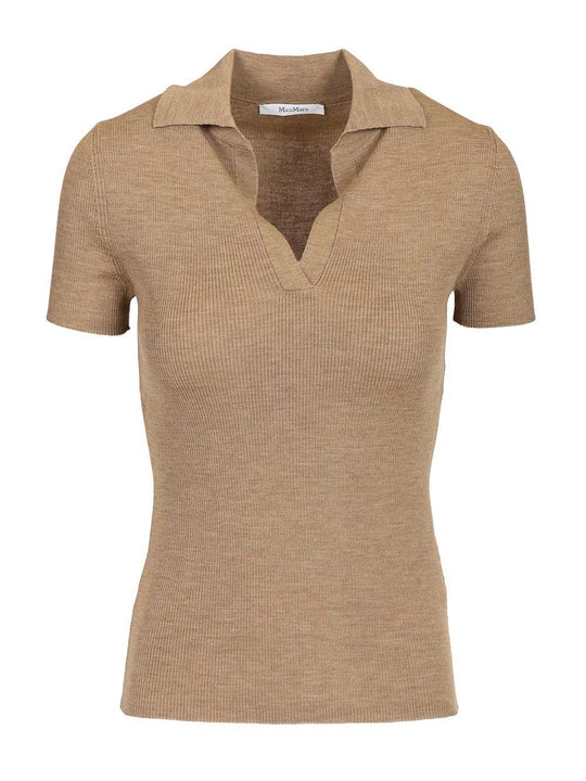Ribbed Wool Polo Shirt Knitwear Beige