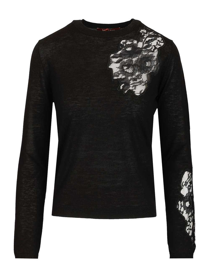 Max Mara Studio Mstellisse Wool-Silk Knit Lace Embroidered Crewneck Knitwear - Black | 46dd37932a65182e08cb94a5d7d001fb5e76978c