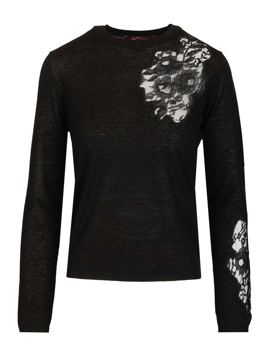 Mstellisse Wool-Silk Knit Lace Embroidered Crewneck Knitwear Black