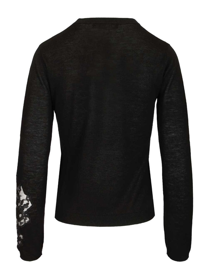 Max Mara Studio Mstellisse Wool-Silk Knit Lace Embroidered Crewneck Knitwear - Black | 900656c181eb1eb5bdc7f0a3b9e3f553d84964b1