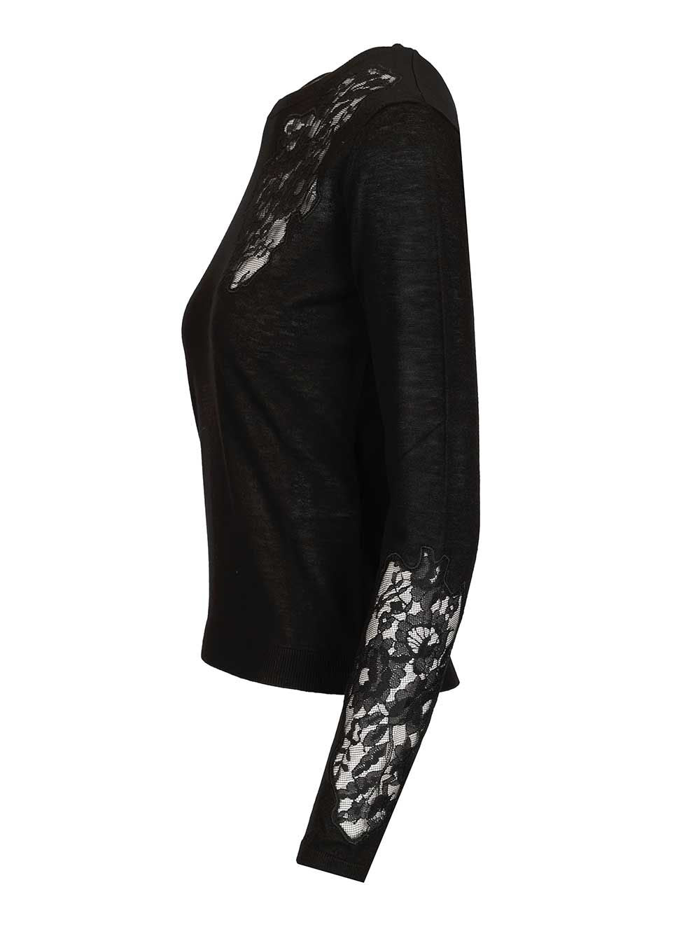 Max Mara Studio Mstellisse Wool-Silk Knit Lace Embroidered Crewneck Knitwear - Black | a5d2f418126bc327ae9ce5f0b9dac79d03994b87