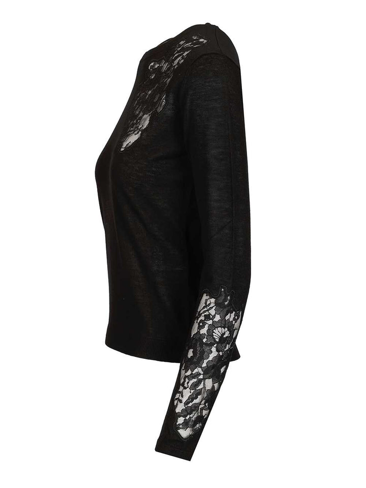 Max Mara Studio Mstellisse Wool-Silk Knit Lace Embroidered Crewneck Knitwear - Black | a5d2f418126bc327ae9ce5f0b9dac79d03994b87