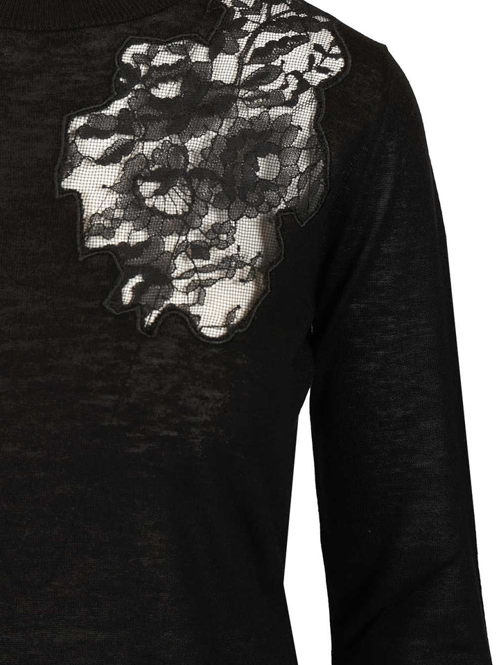 Max Mara Studio Mstellisse Wool-Silk Knit Lace Embroidered Crewneck Knitwear - Black | 43d7db6dcb258c991a82d5a703719899580cf548