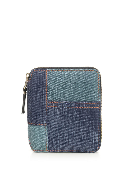 Patchwork Leather Denim Effect Zip Around Wallet Wallets Blue