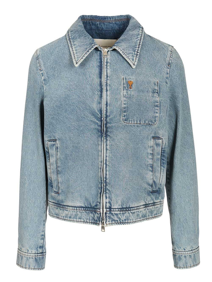 Ami Contrasted Ami De Coeur Zipped Jacket Used Indigo Denim Jackets - Light blue | 166a1cc68ccc847d262fb7efc0ef52a75c527745