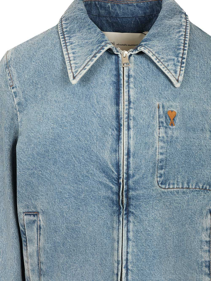 Ami Contrasted Ami De Coeur Zipped Jacket Used Indigo Denim Jackets - Light blue | 48d7128578ece556a1128f5dd8868dda3288ad78