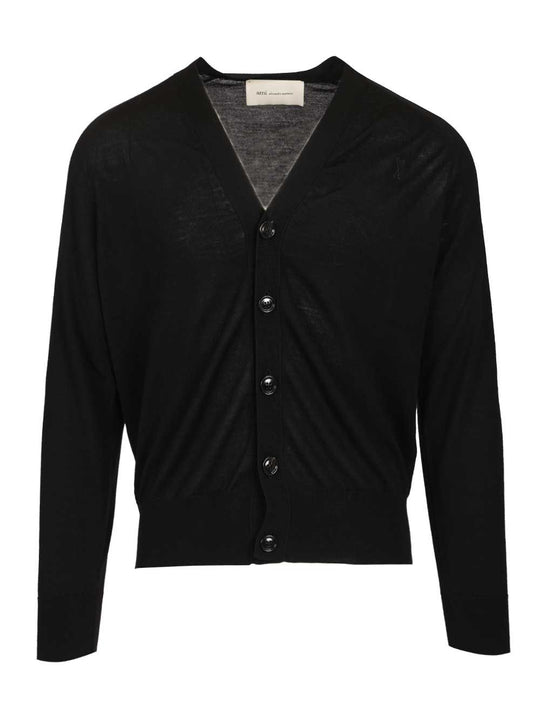 Ami Paris V-Neck Wool Cardigan Knitwear Black