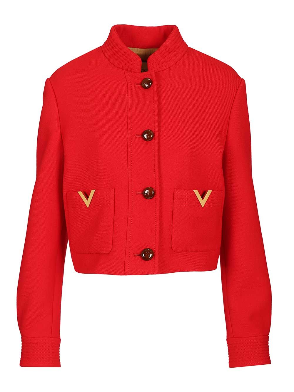 Valentino Garavani Peacoat In Drill Double With V Gold Knitwear - Red | fcf967f38368bf93d004a36a0af6f4225692ea87