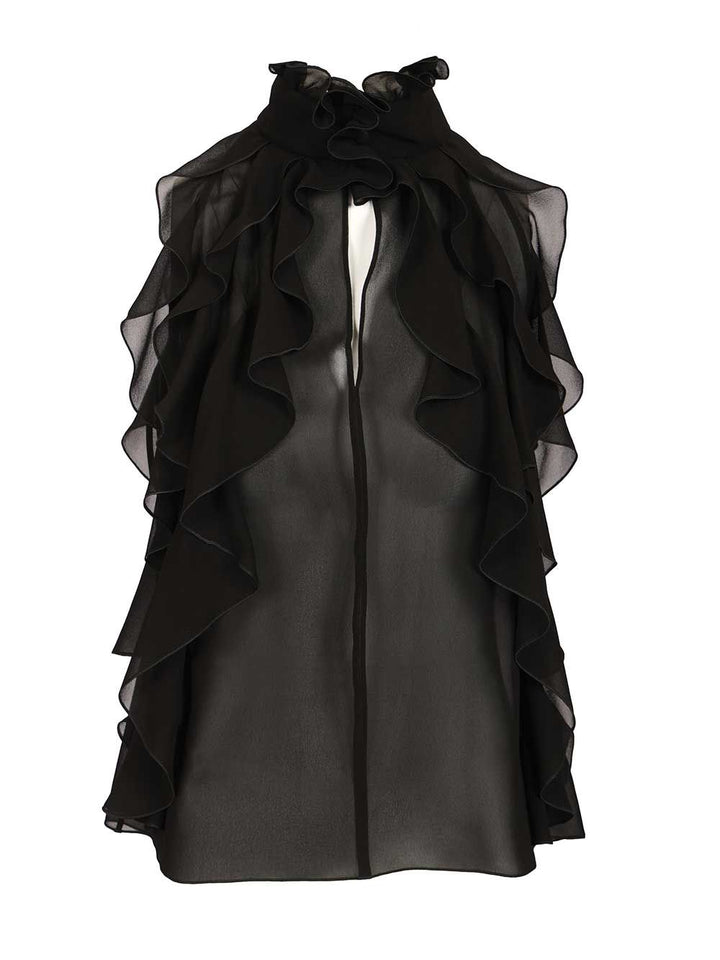 Mcqueen Cut-Out Top In Silk Georgette With Ruffles Tops - Black | 8cda695cfd00ffcee3fe8023bffad43034d6136c