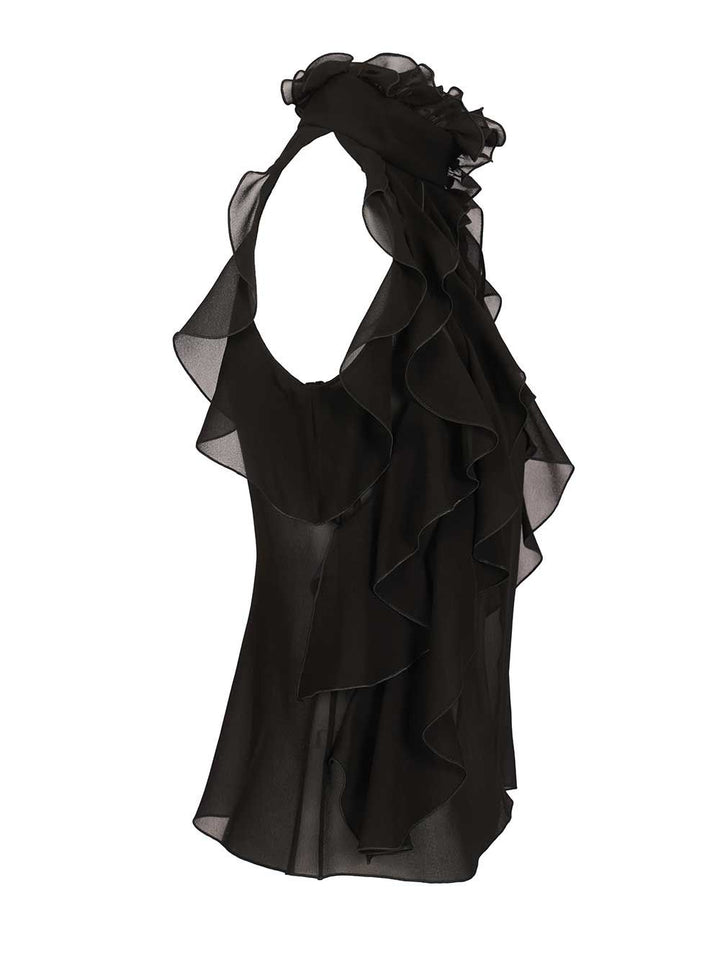Mcqueen Cut-Out Top In Silk Georgette With Ruffles Tops - Black | a4d29d136f086be1b1aa73189b37c1d5405ef80a
