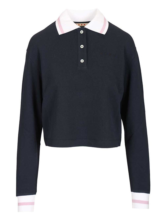 Long-Sleeved Cotton Piqué Polo Shirt Blue