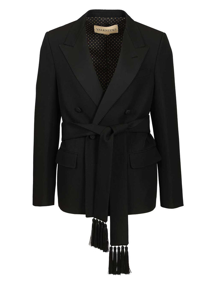 Valentino Garavani Virgin Wool Blazer With Belt Jackets - Black | 2f42c36d96185f6385ba3d9035a1a82fd174b6a7