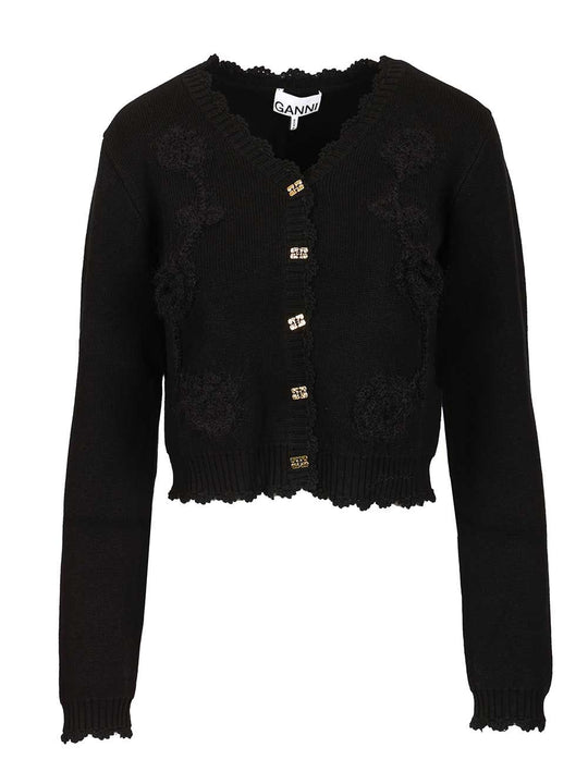 Cotton Cashmere Crochet Applique Cardigan Knitwear Black