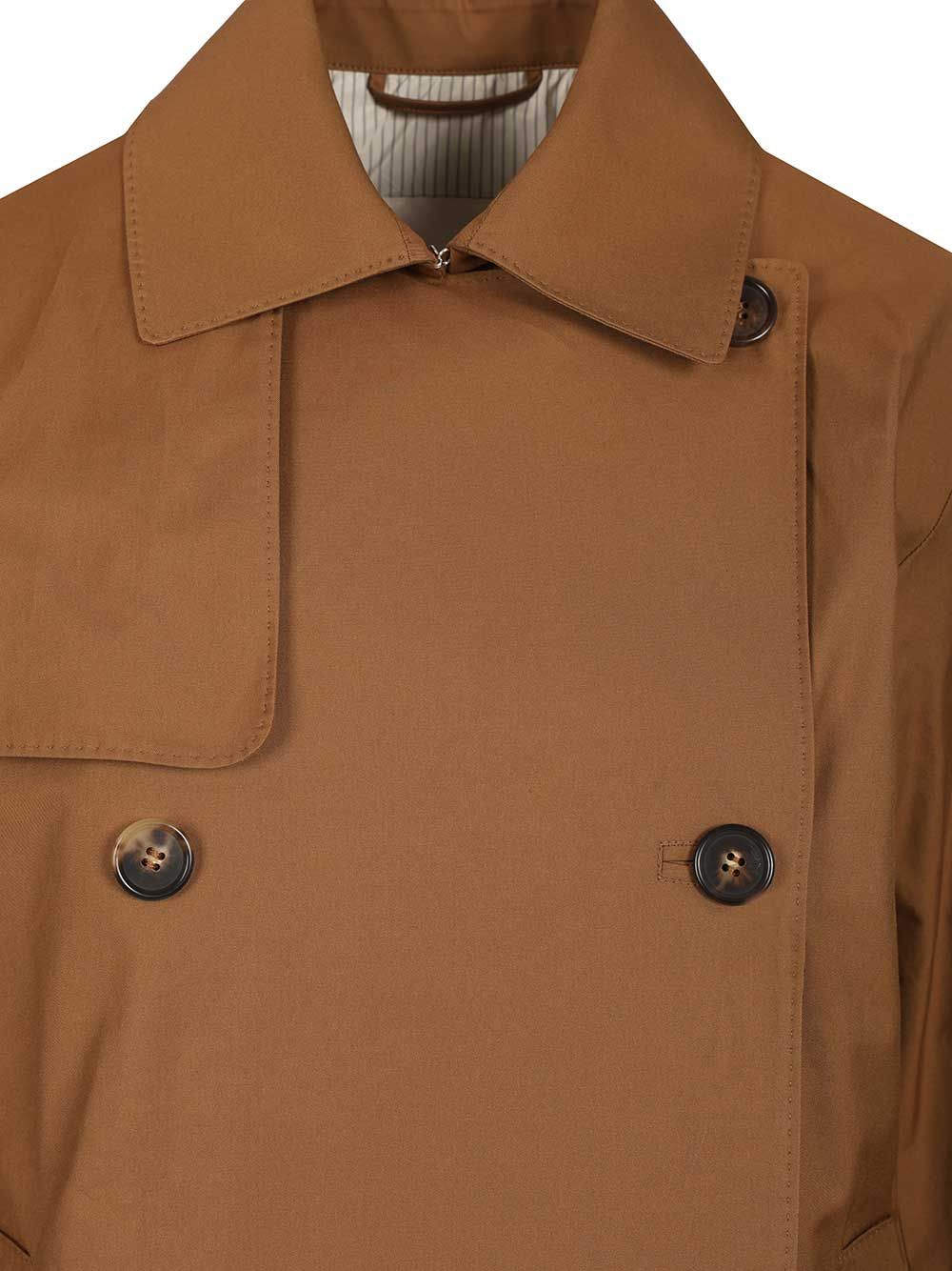 Max Mara The Cube Short Double-Breasted Trench Coat In Water-Repellent Cotton Coats - Brown | e91be5251affb686ffde5c850fa6989810821300