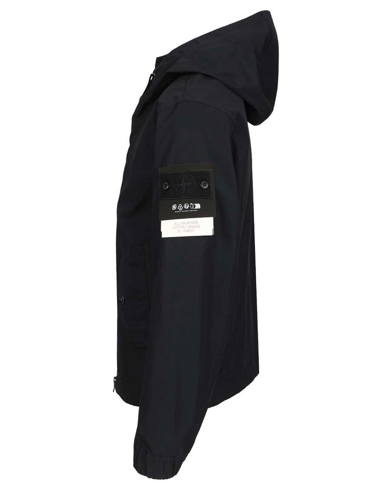 Stone Island Hooded Jacket In Stretch Organic Cotton Twill Jackets - Blue | b986123f91338999fa221be5e7c5014e51a5222a