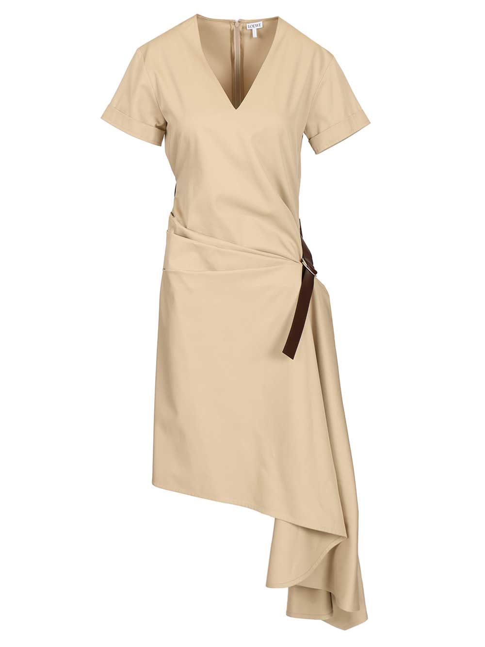 Loewe Belted Dress In Cotton And Silk Dresses - Beige | 32f481cbd74919d16747322accdb1089243fd84b