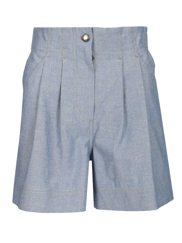 Chambray Cotton Shorts Trousers Light Blue