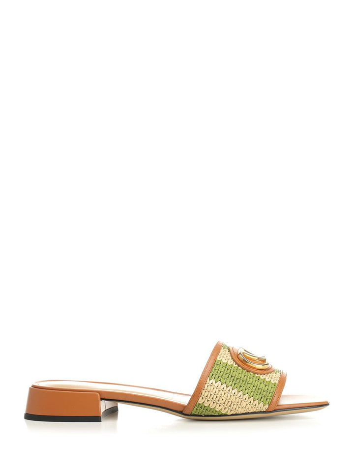 Valentino Garavani Striped Raffia And Leather Slides Scarpe basse - Green | 02e1a65d92c3cb84de375fd908641c5e35486f3b