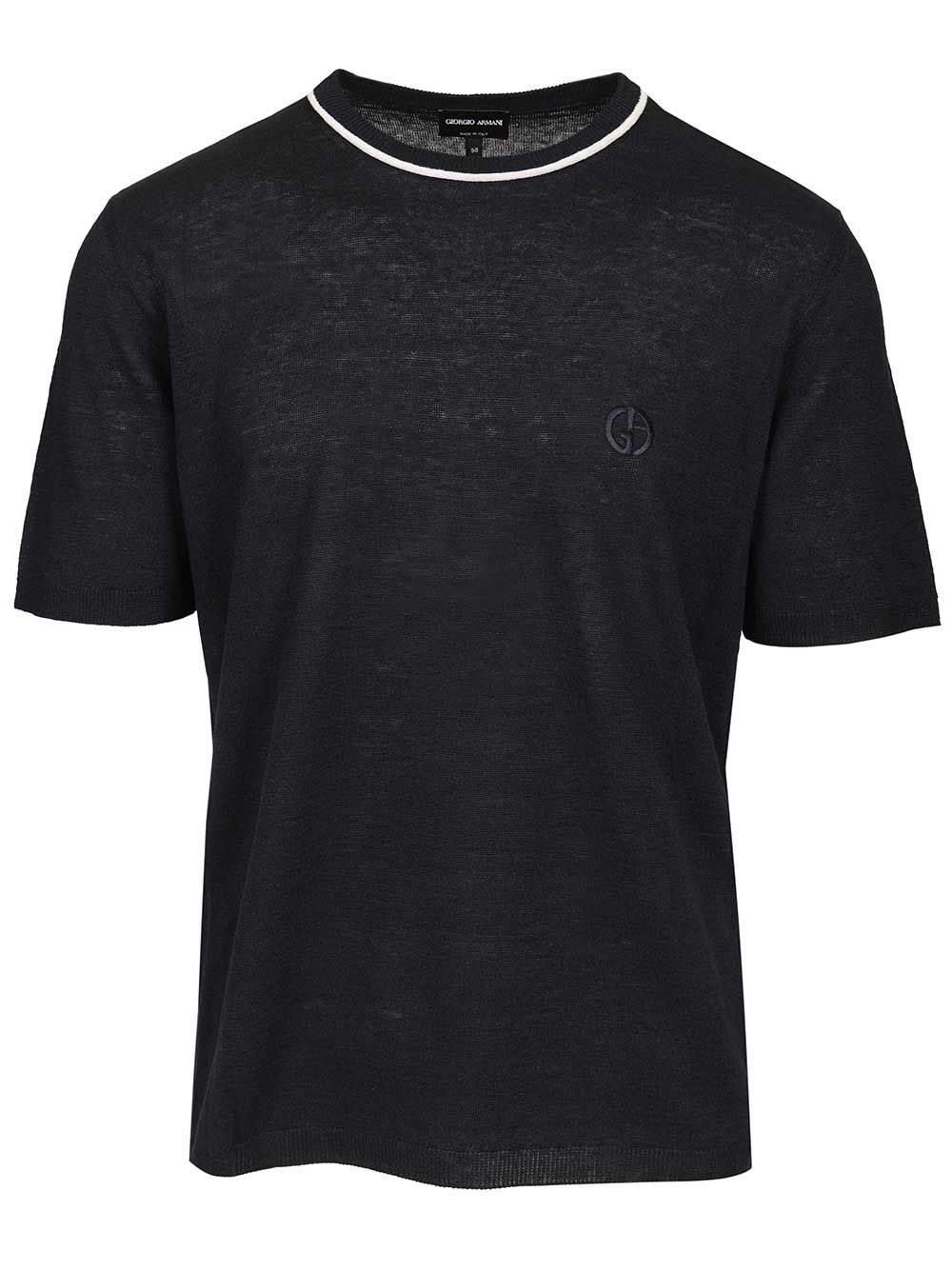 Giorgio Armani Crew Neck Sweater In Linen And Silk Knitwear - Blue | 3ceb4764c9f16faddbcc1b25308a6689e9029450