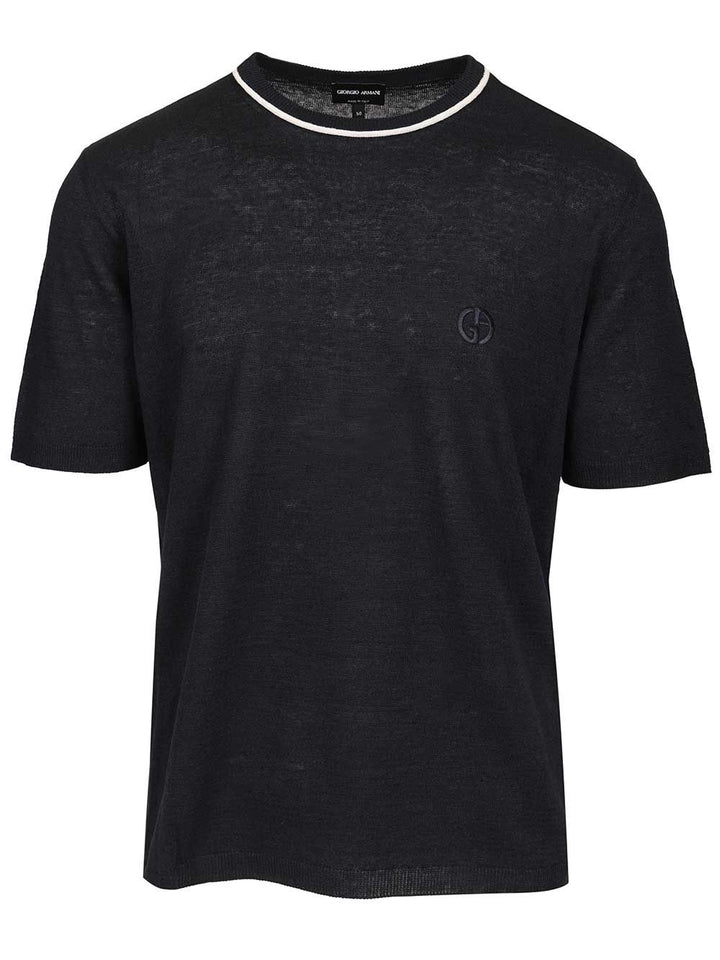 Giorgio Armani Crew Neck Sweater In Linen And Silk Knitwear - Blue | 3ceb4764c9f16faddbcc1b25308a6689e9029450