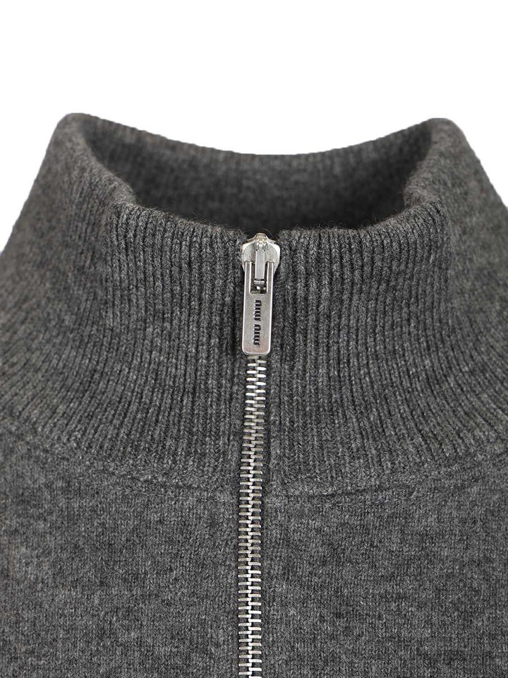 Miu Miu Cashmere And Jersey Zip-Up Sweater Knitwear - Grey | 34c388de28e655155919372bc09b9c9a79a2c9ba
