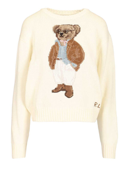 Polo Bear Cotton Pullover With Inlays Knitwear White