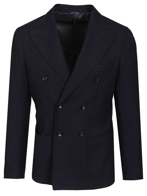 Double-Breasted Wool Herringbone Blazer Dresses Blue