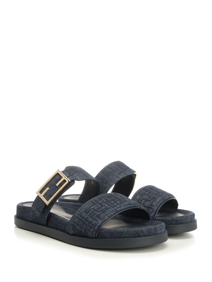 Fendi Flat Denim Slides Sandals - Blue | cc379fd2075bd7109c6a42ab99cd78005324a674