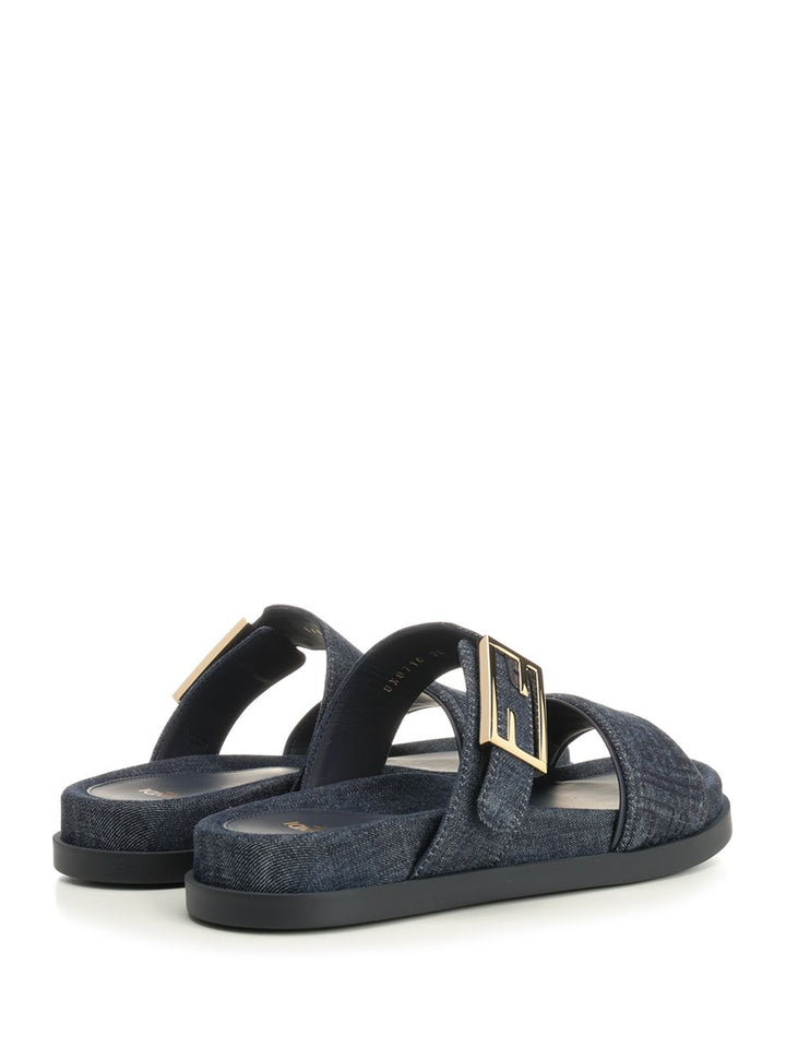 Fendi Flat Denim Slides Sandals - Blue | 1bde5c903e34e73742d96ea67769ebd4960ddd0e