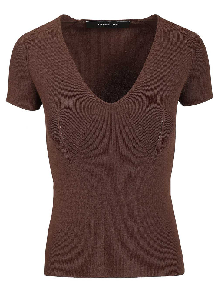 Federica Tosi V-Neck Sweater Tops - Brown | 2b529905b60f756ffa95cf4e7ab1cb444ac79c1b