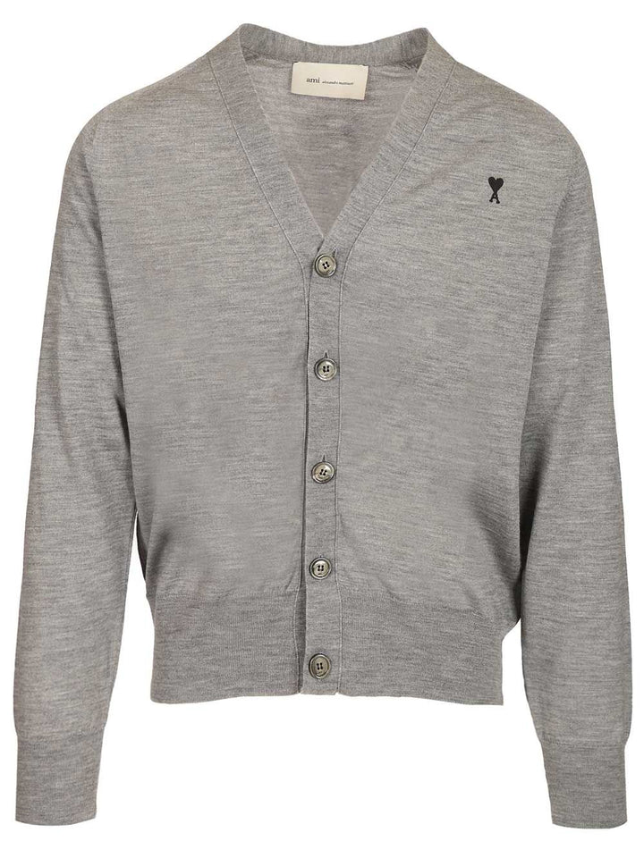 Ami Ami Paris V-Neck Wool Cardigan Knitwear - Grey | 1e710c281968da4621ff9d8cef4a710bd5d0df99