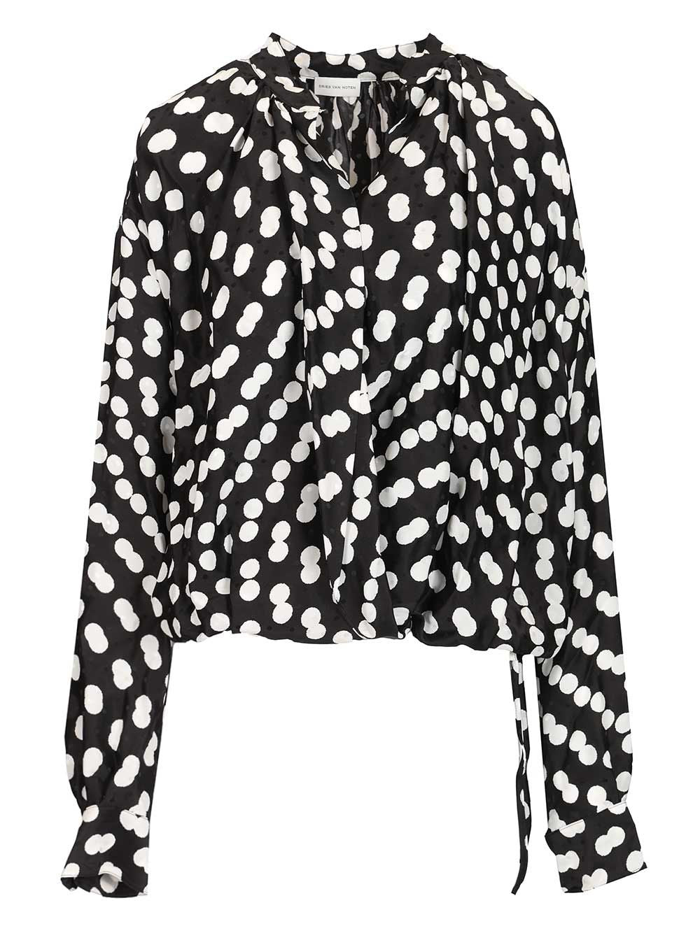 Dries Van Noten Polka Dot Jacquard Satin Draped Blouse Shirts - Black | 4ec834789553251edc4cea9ae74a003a8d4f3676