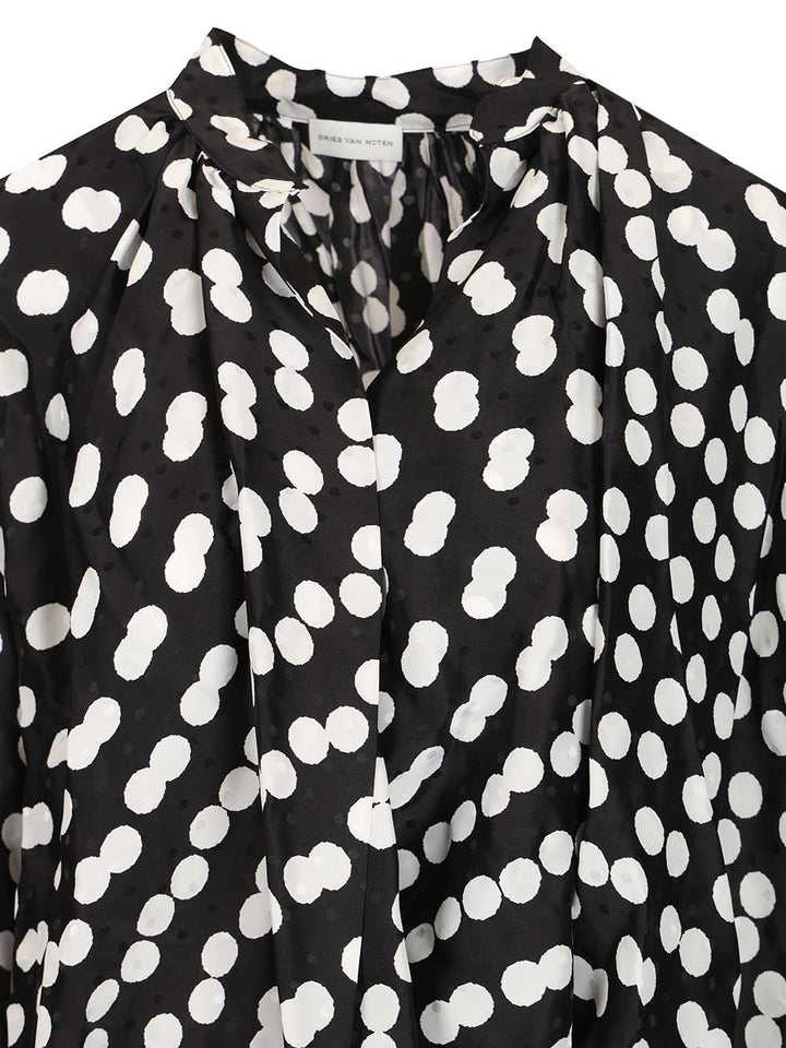 Dries Van Noten Polka Dot Jacquard Satin Draped Blouse Shirts - Black | 77faae960b1e8d0b8fd3c8b1008170c9ac6de417