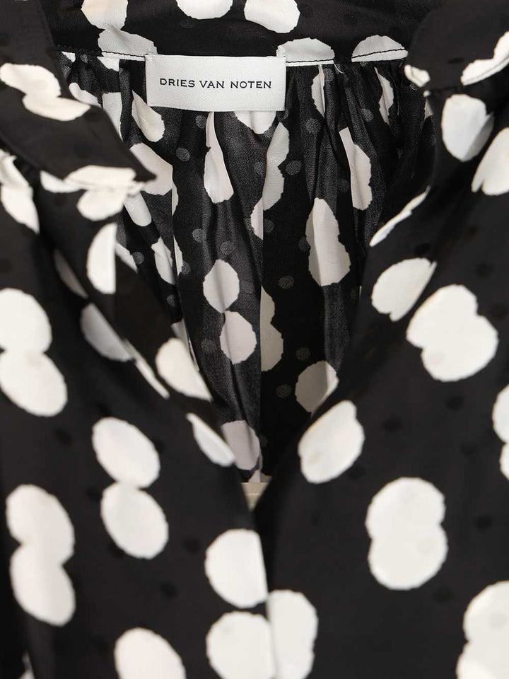 Dries Van Noten Polka Dot Jacquard Satin Draped Blouse Shirts - Black | 0d59457fab52f2d9d8cd0440b3ad2377e16e5c9c