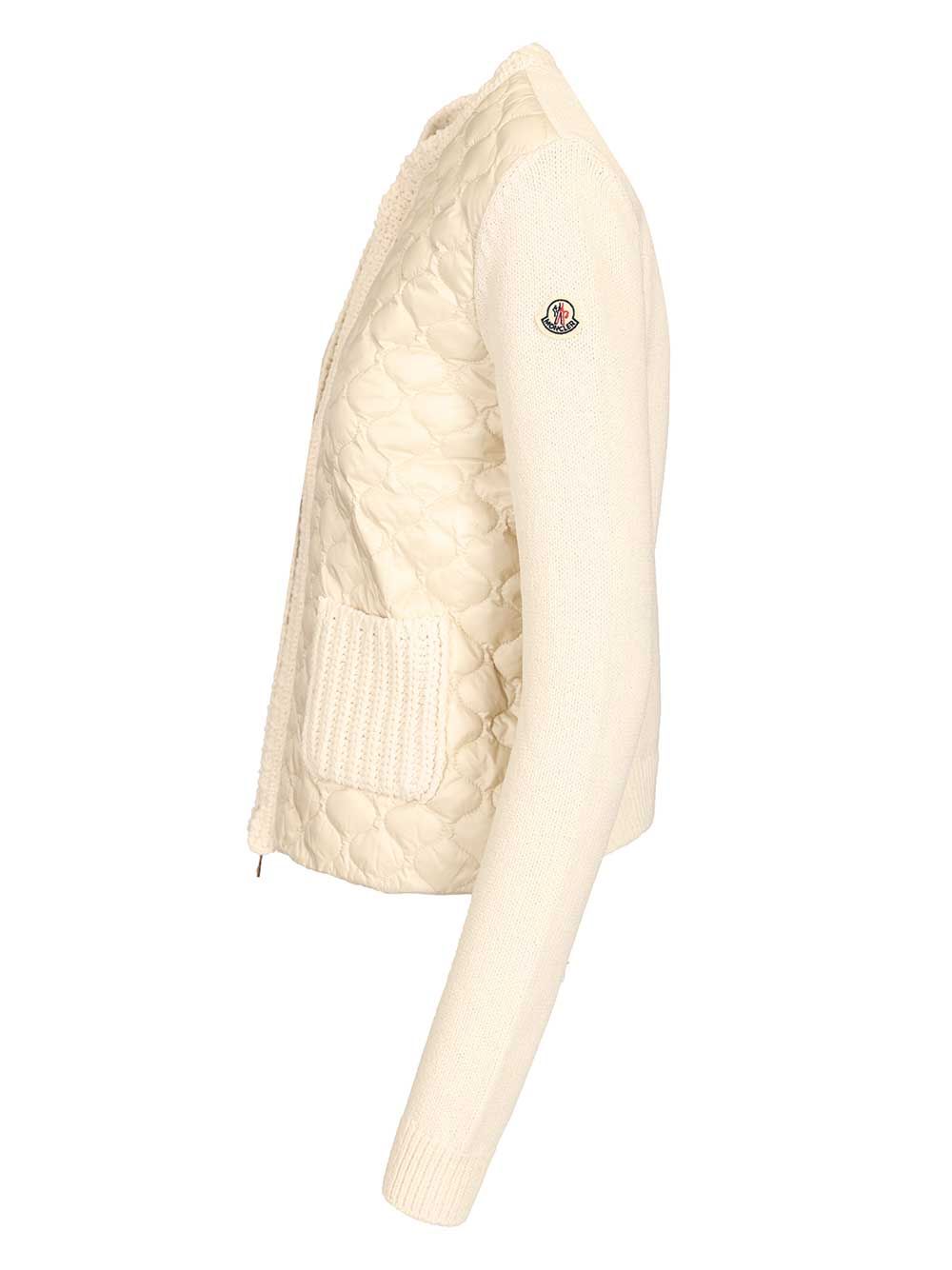 Moncler Padded Cardigan With Zip And Geometric Quilting Knitwear - White | b6d74784efb05e39f67674101f2fc0e056c72d0f