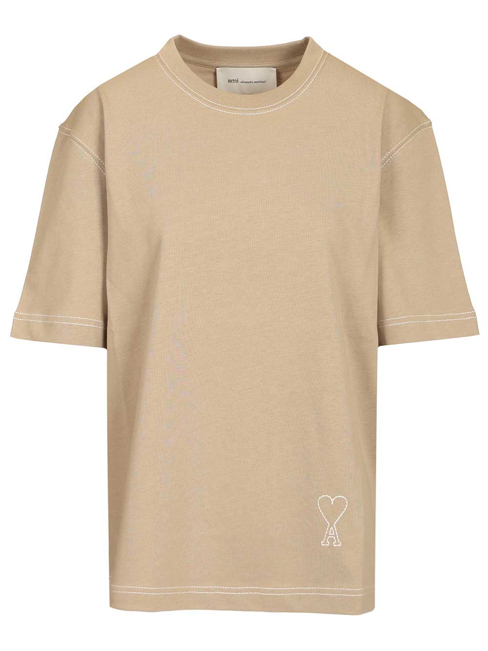 Ami Short Sleeves Boxy Fit Teeshirt With Topstitched Ami De Coeur T-Shirt - Beige | 23c708ecdcf4c0b1b06bd107ef08c446761805f3