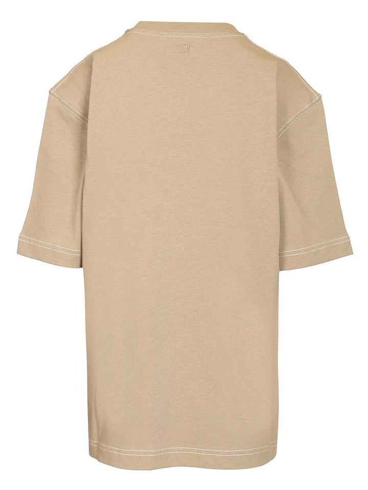 Ami Short Sleeves Boxy Fit Teeshirt With Topstitched Ami De Coeur T-Shirt - Beige | 6ec58e404a32eee2bc015e2d481c064a7ae9b4cd