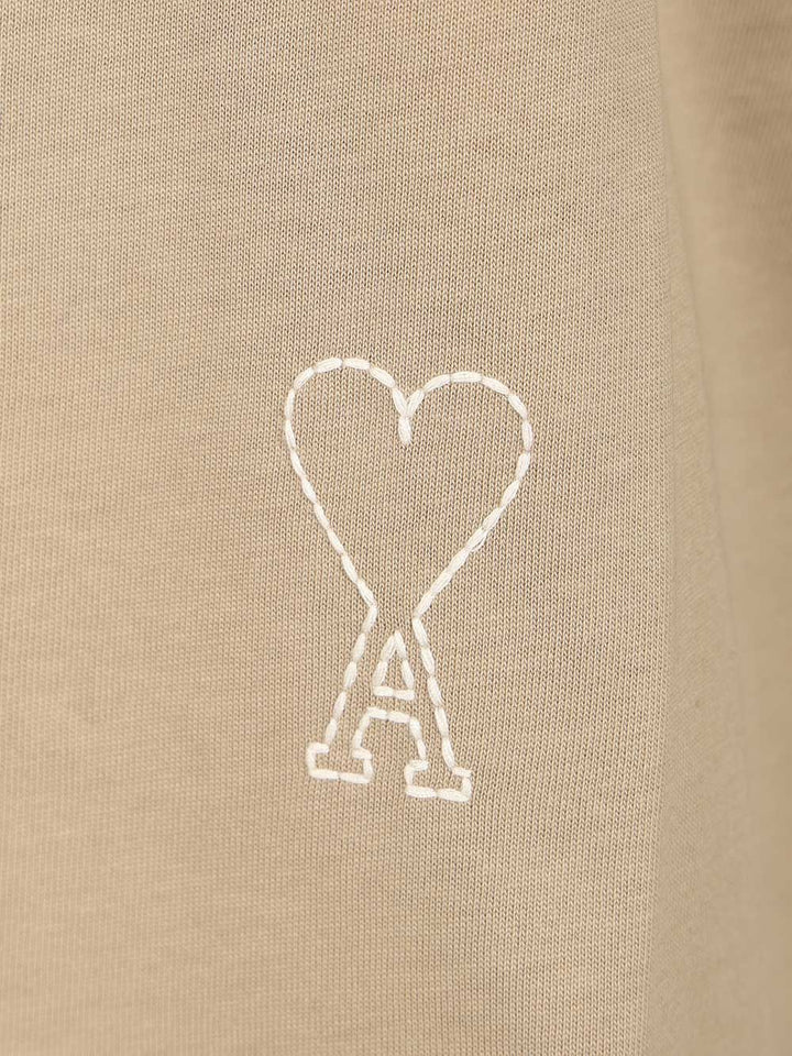 Ami Short Sleeves Boxy Fit Teeshirt With Topstitched Ami De Coeur T-Shirt - Beige | 5080dab868357ca9f82fc1bb2210d3752f3fffbe
