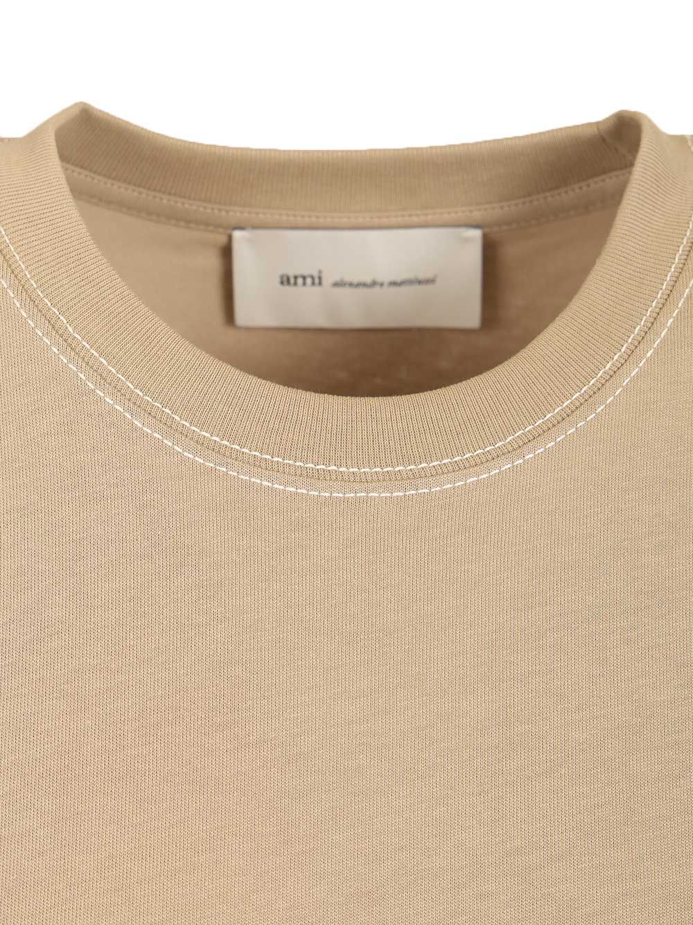 Ami Short Sleeves Boxy Fit Teeshirt With Topstitched Ami De Coeur T-Shirt - Beige | 2252b2585c7ee4cba0ba8d3f994f808eec65c71c