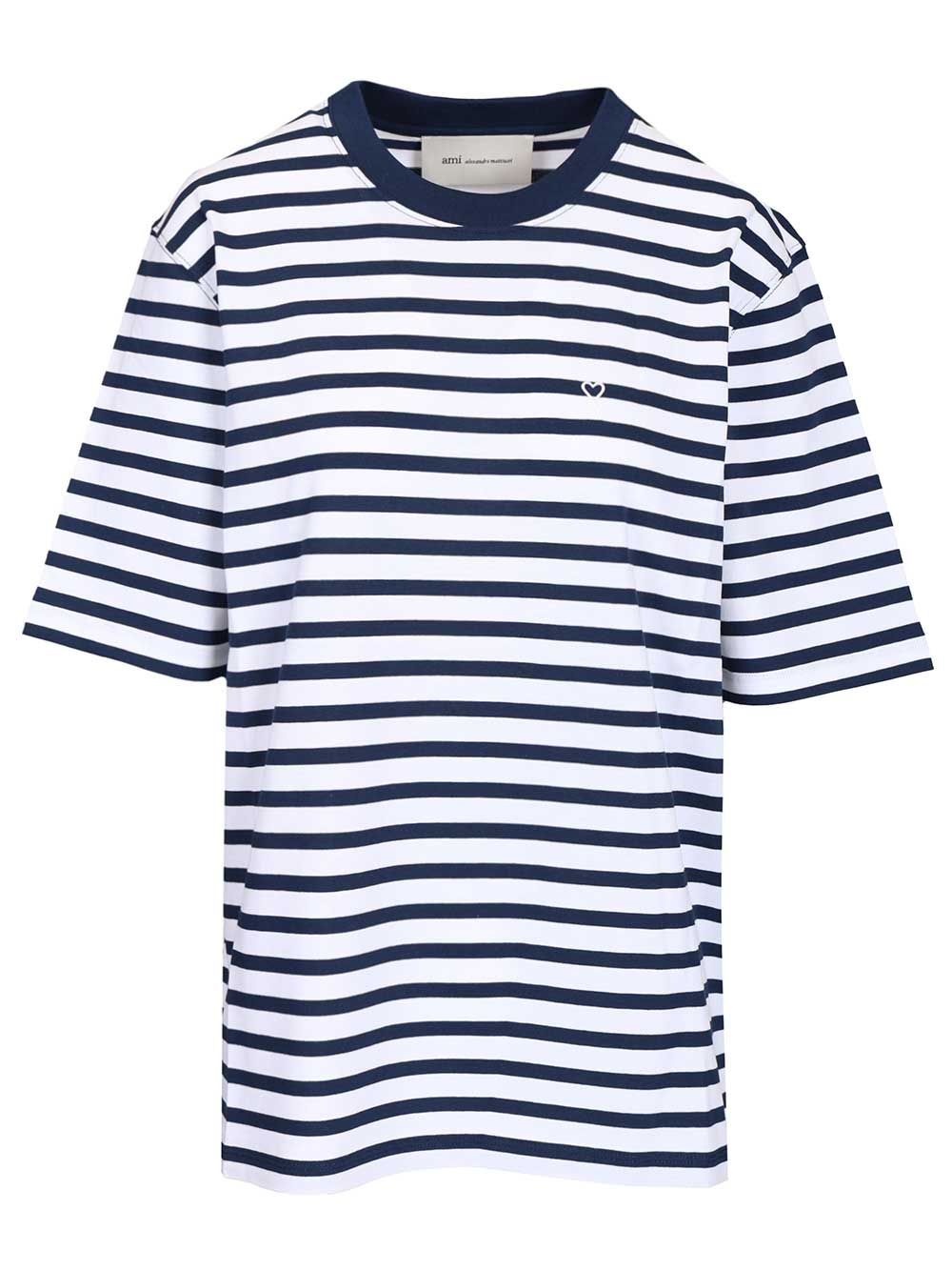 Ami Quota -Short Sleeves Boxy Fit Mariniere Teeshirt With Ami De Coeur Patch T-Shirt - Blue | f45ab0c95bc7e59a82ccd9e6a7478fa6a97e831b